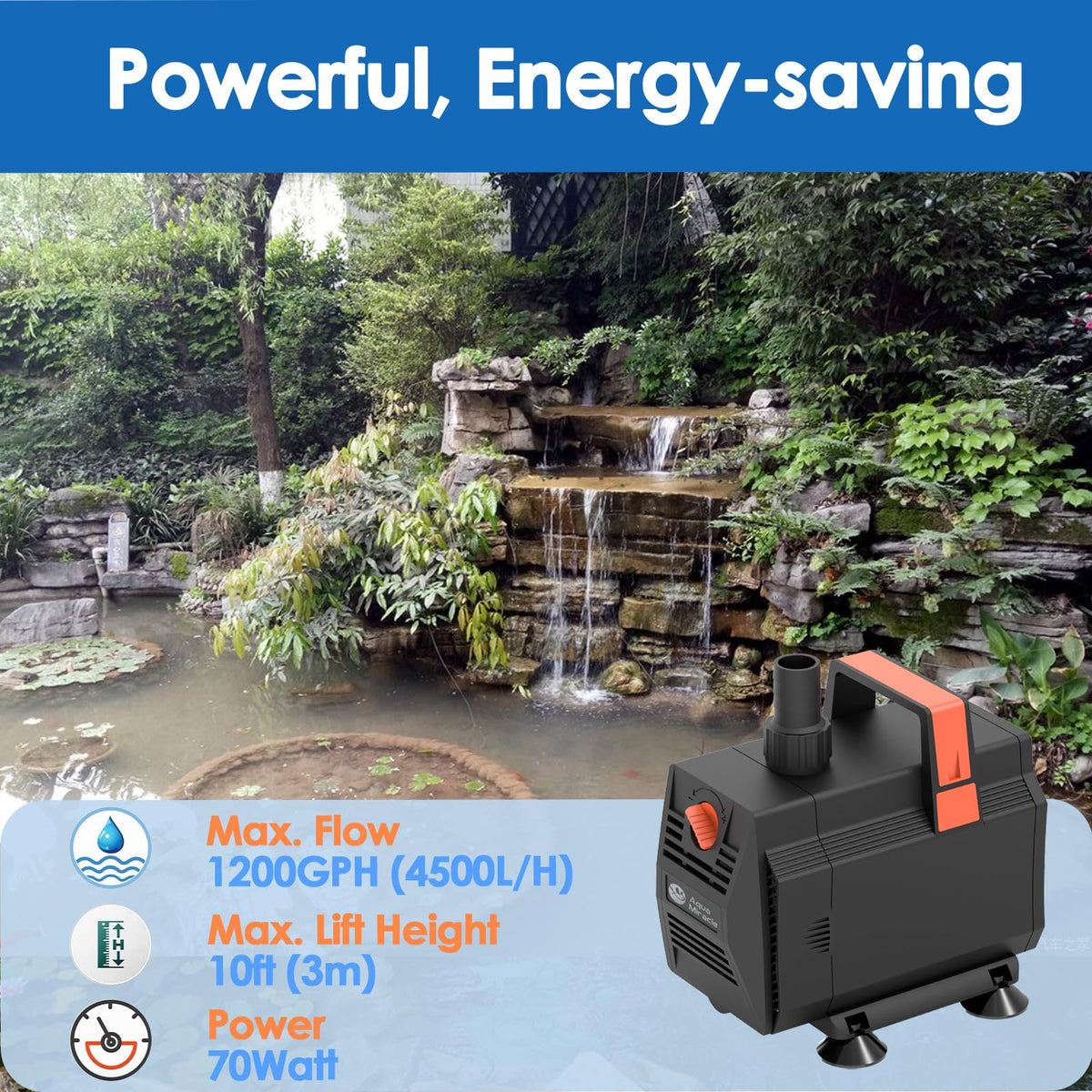 AquaMiracle 1200GPH submersible pump side view ideal for quiet water circulation.