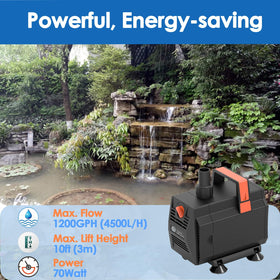 AquaMiracle 1200GPH submersible pump side view ideal for quiet water circulation.
