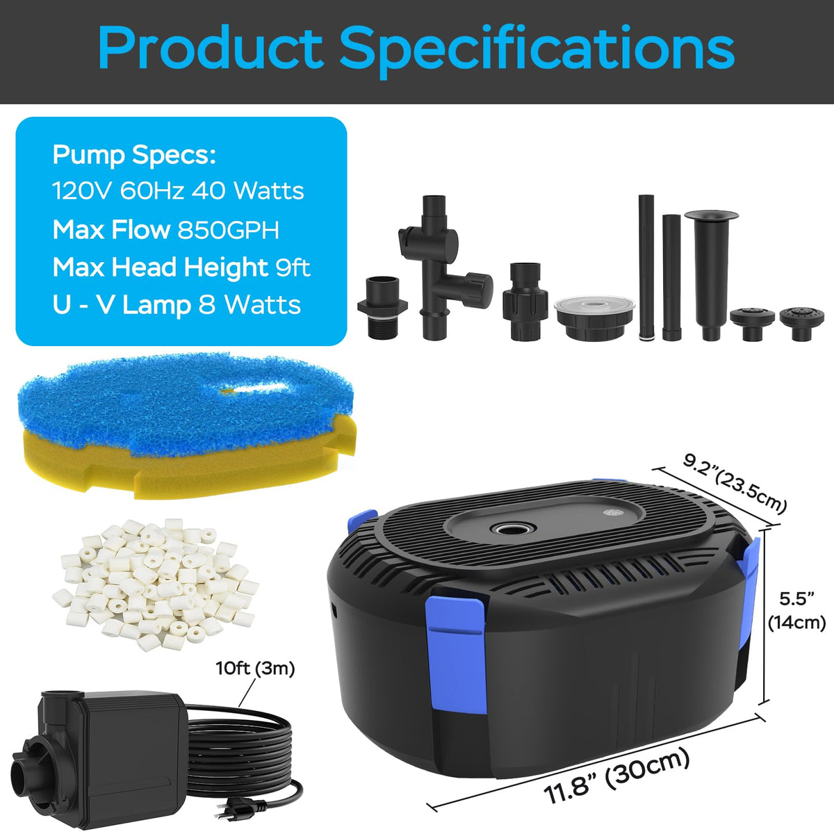 AquaMiracle all-in-one pond solution with pump, media, lights and heads.
