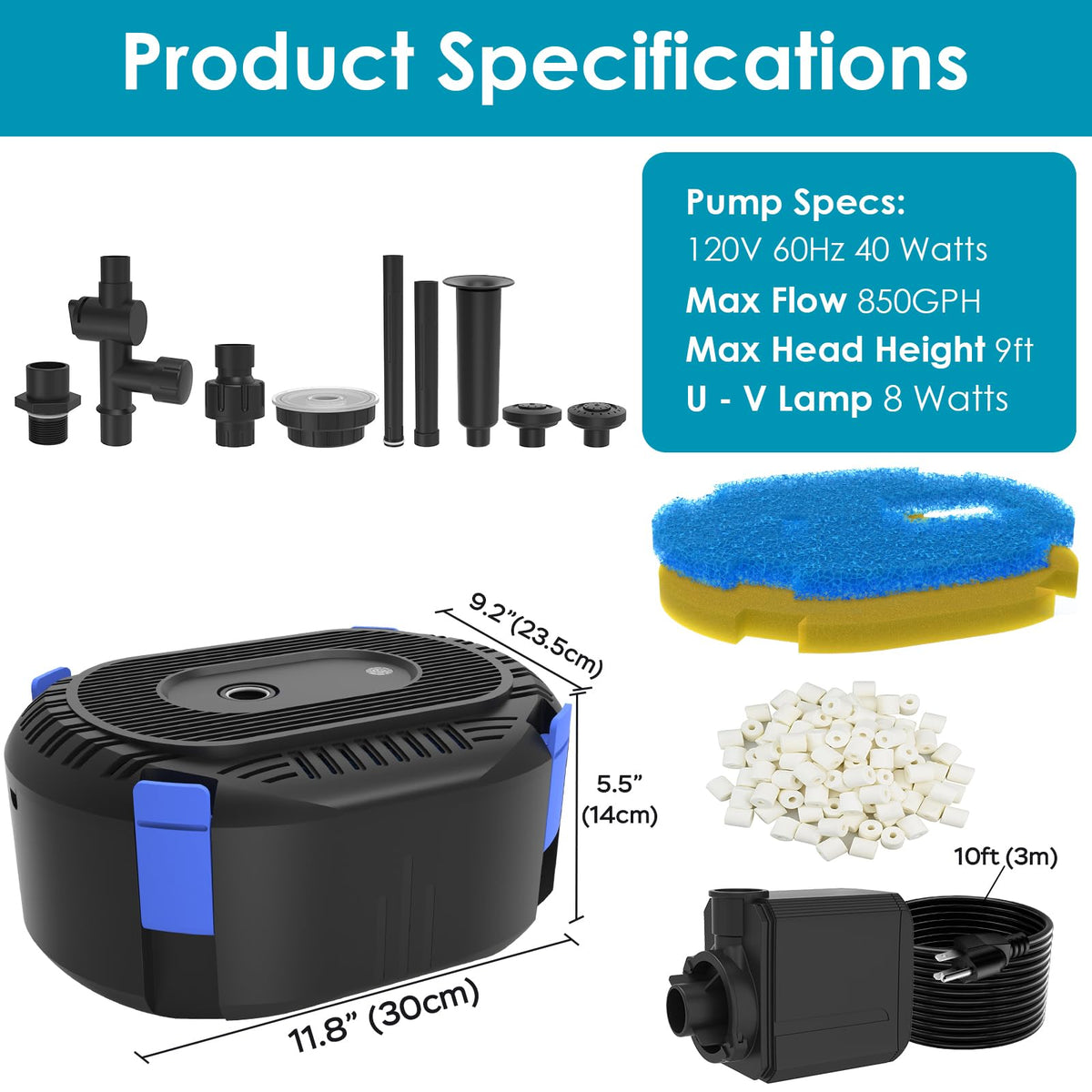 AquaMiracle complete fountain kit includes pump, media, LED, and fittings