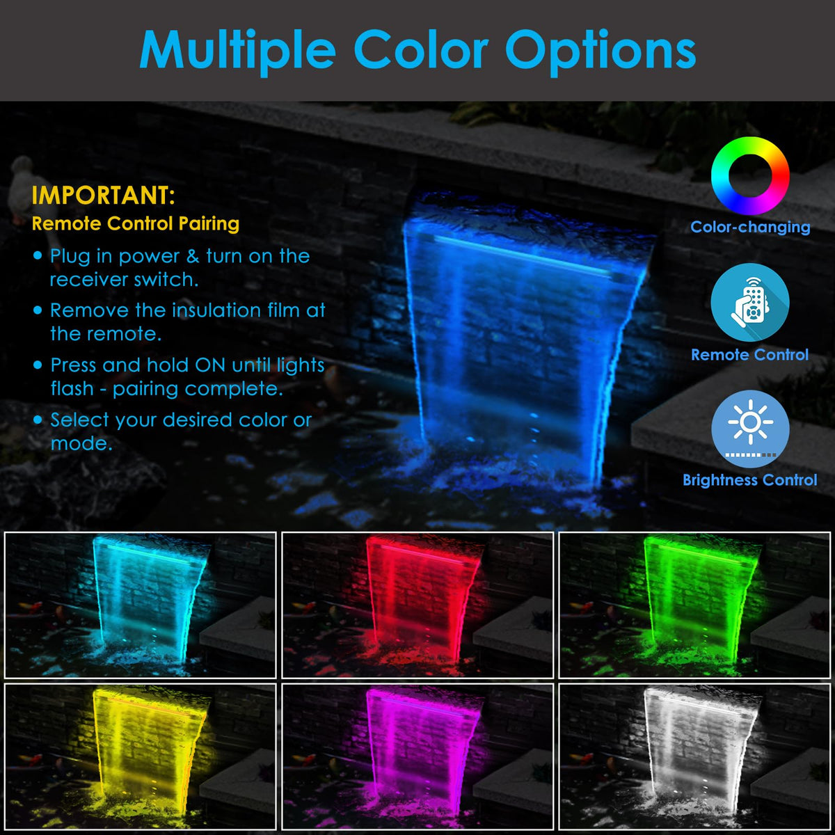 AquaMiracle LED lights with remote illuminate the waterfall after dark.