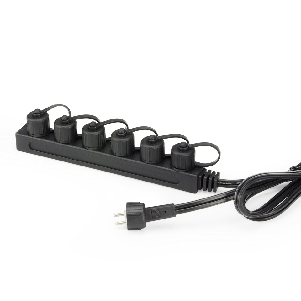 Aquascape six-way 12V lighting splitter in black for tidy pond lighting connections.