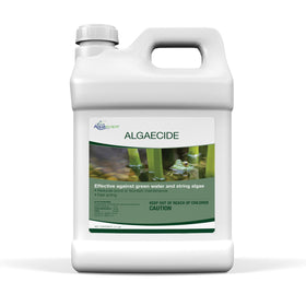 Aquascape algaecide bottle close-up for pond algae control.