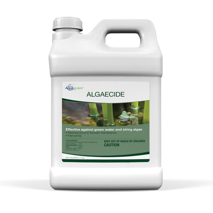 Aquascape algaecide bottle close-up for pond algae control.