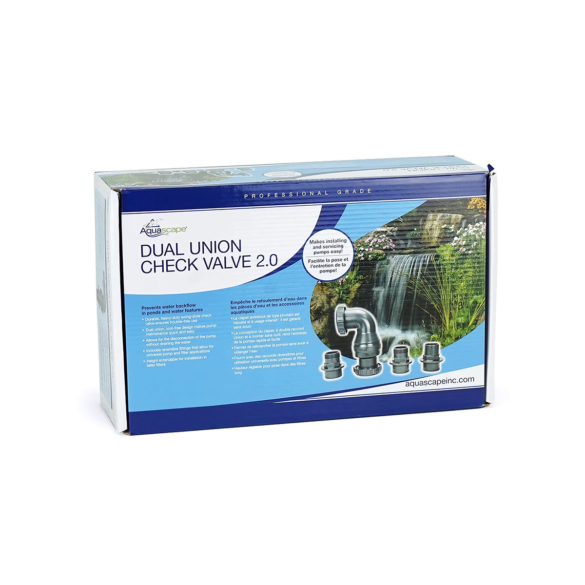 Aquascape Dual Union Check Valve 2.0 demonstrates height extension compatibility for larger filters