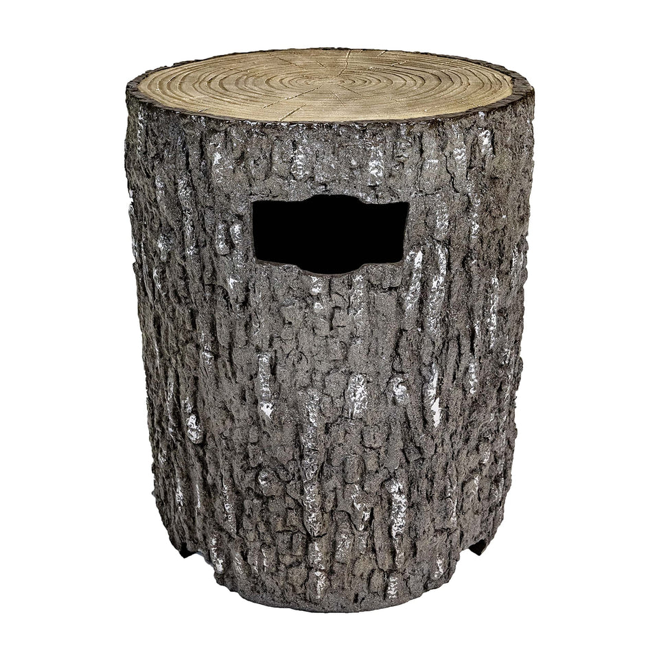 Aquascape faux wood stump propane tank cover for discreet concealment of outdoor tanks.