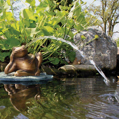 Aquascape Lazy Frog on Lily Pad Spitter fountain adds whimsy and motion to ponds