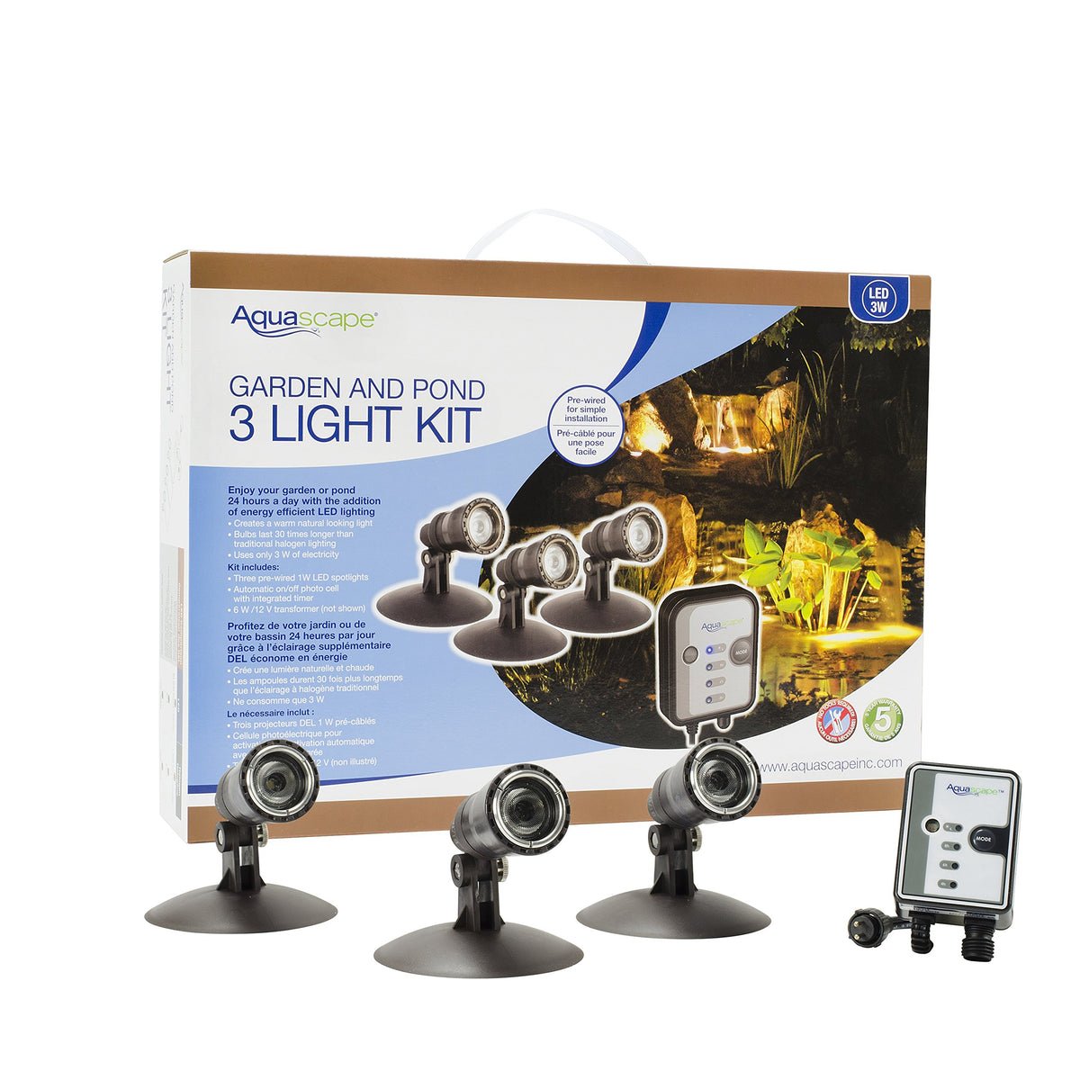 Aquascape LED Pond Spotlight Kit submerged setup highlights water features with underwater lighting