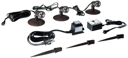 Aquascape LED Pond Spotlight Kit wide shot enhances evening ambience for ponds and gardens