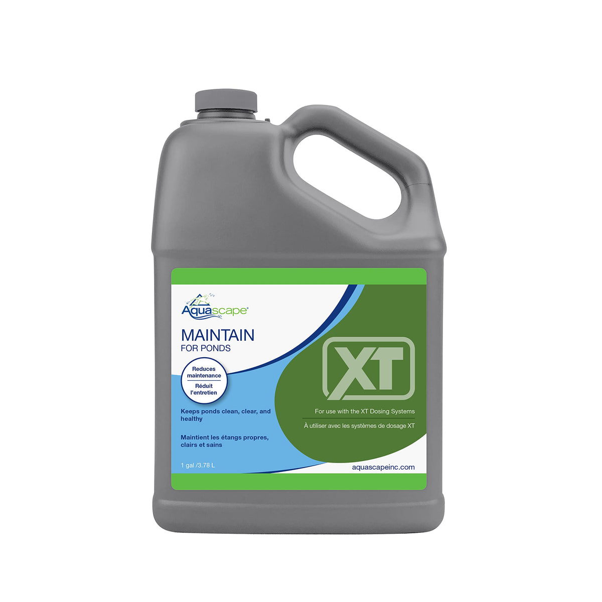 Aquascape Maintain for Ponds XT bottle pour showing precise dosing for cleaner pond water