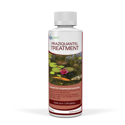 Aquascape Praziquantel bottle pour for safe pond parasite treatment.