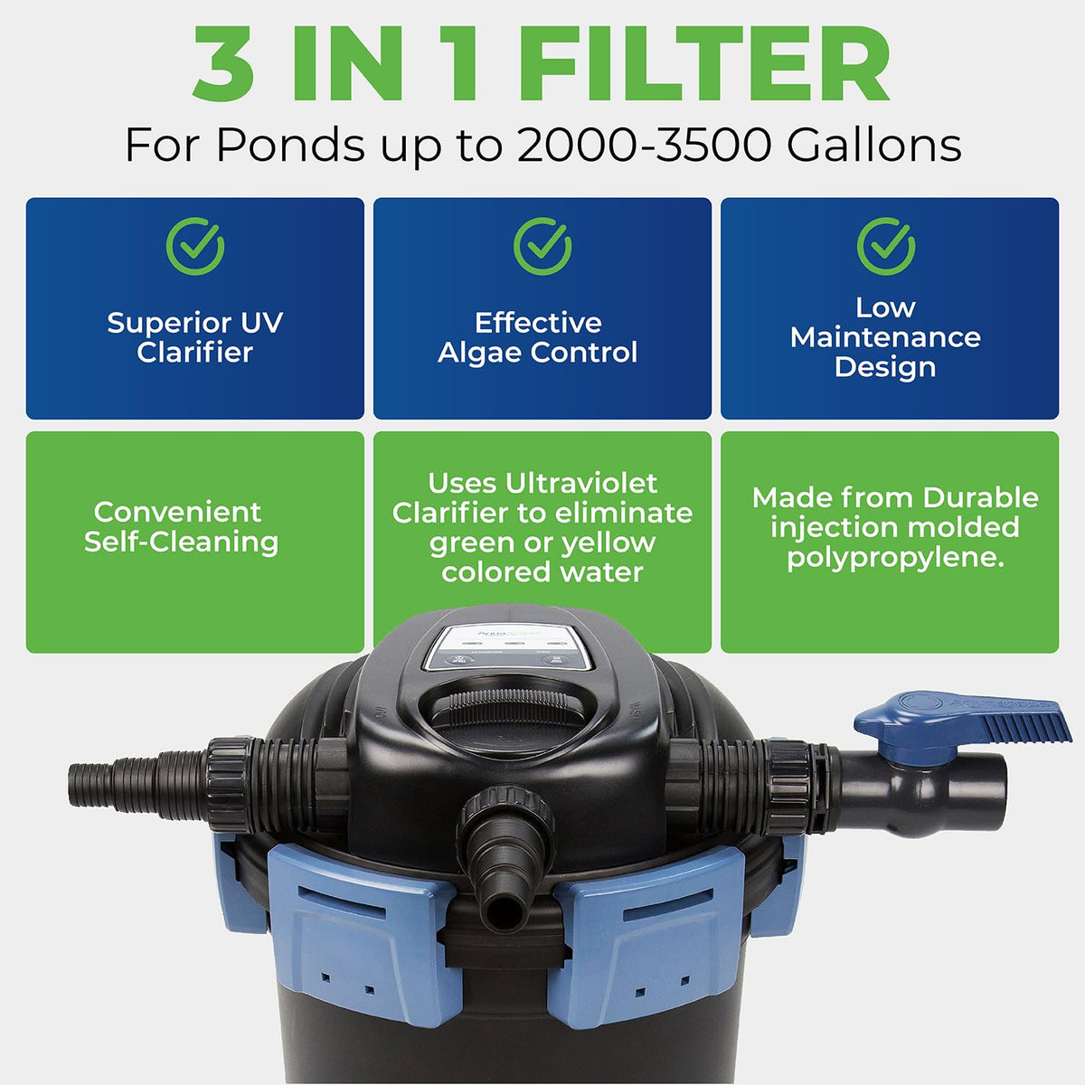 Aquascape pump-inlet-outlet shows reliable water flow for fountains and ponds.