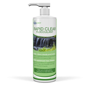 Aquascape Rapid Clear flocculant bottle helps clear pond water quickly.