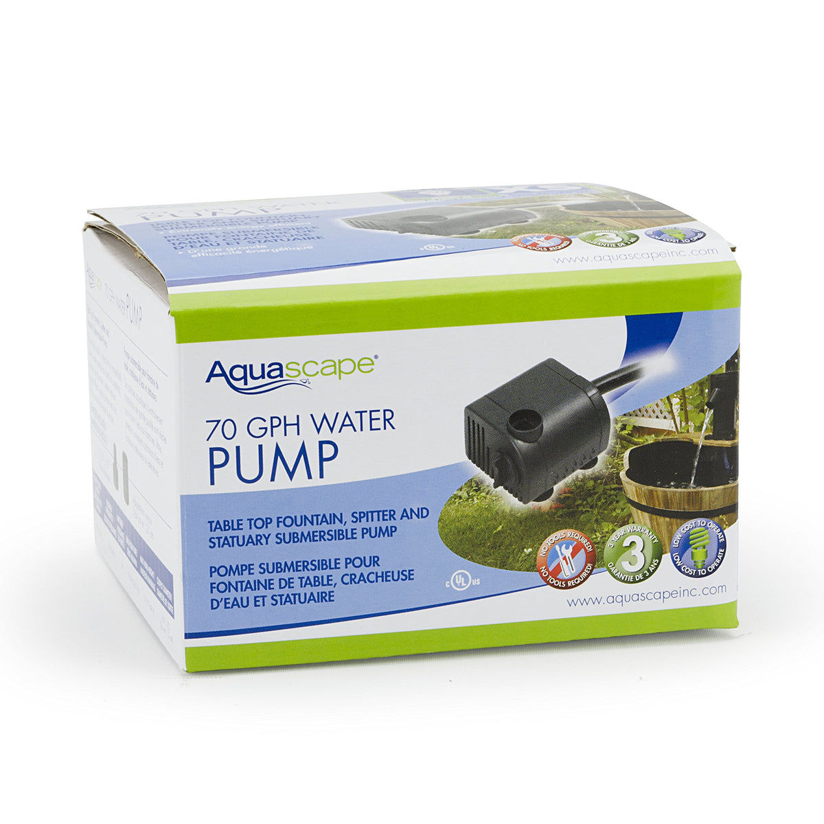 Aquascape submersible 70 GPH pump with flow control enables customizable water movement.