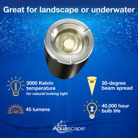 Aquascape LED spotlight highlights garden sculpture with warm 3500K glow