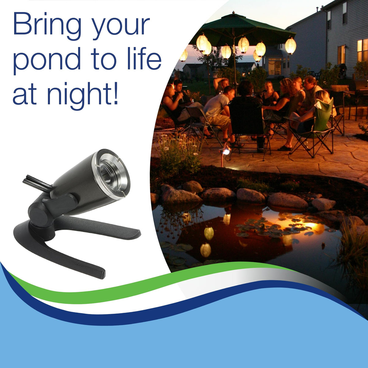 Aquascape underwater-friendly design accents a waterfall feature at night