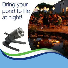 Aquascape underwater-friendly design accents a waterfall feature at night