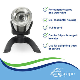 Aquascape spotlight casts warm light along a winding garden path