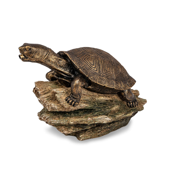 Aquascape Turtle on Log Spitter front view enhances pond decor with soothing water flow.