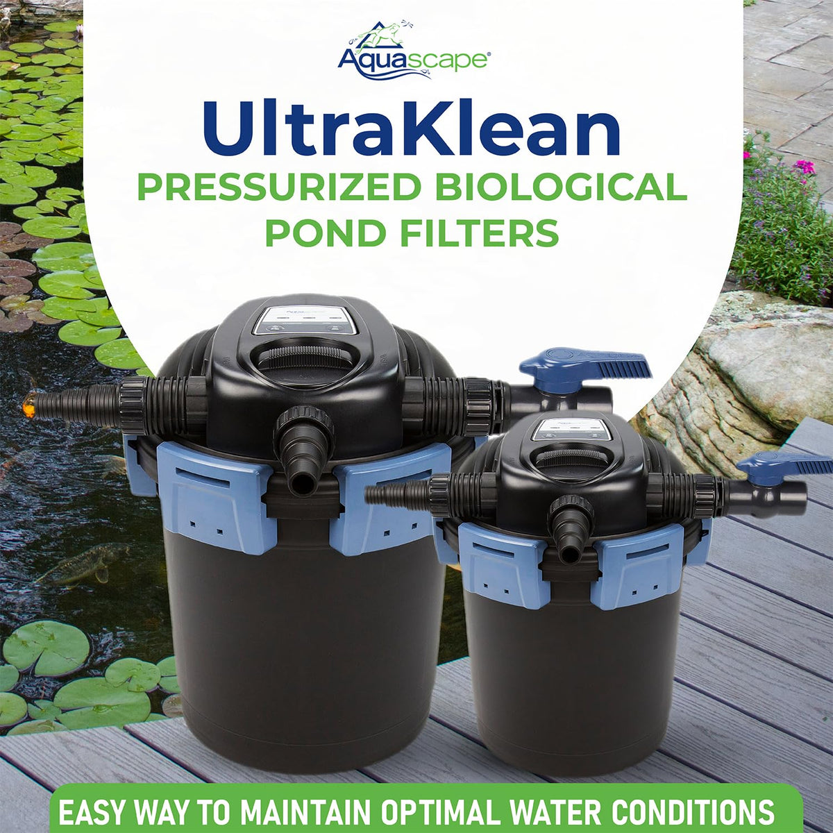 Aquascape UltraKlean 28W UV-clarifier highlights enhanced pond clarity and safety.
