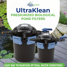 Aquascape UltraKlean 28W UV-clarifier highlights enhanced pond clarity and safety.