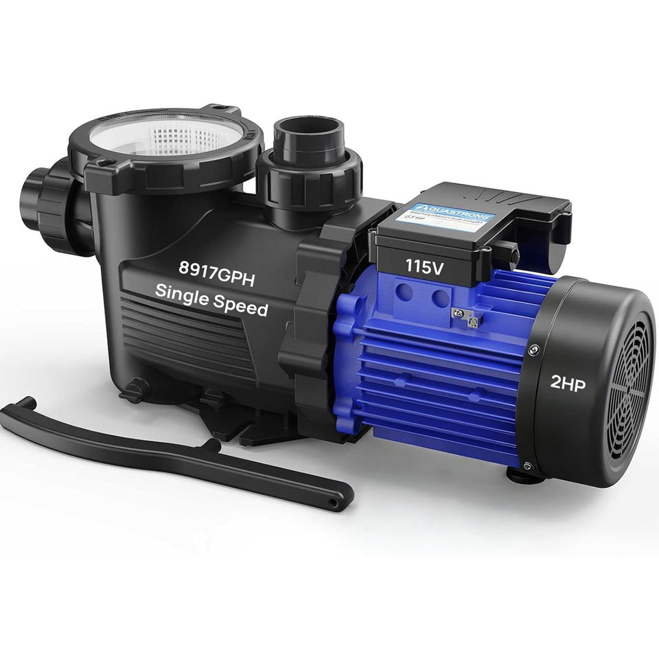 Aquastrong 1HP pool pump front view showing high-flow design for both pool types