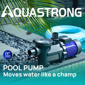 Aquastrong 1HP pool pump side view highlighting robust motor and compact footprint