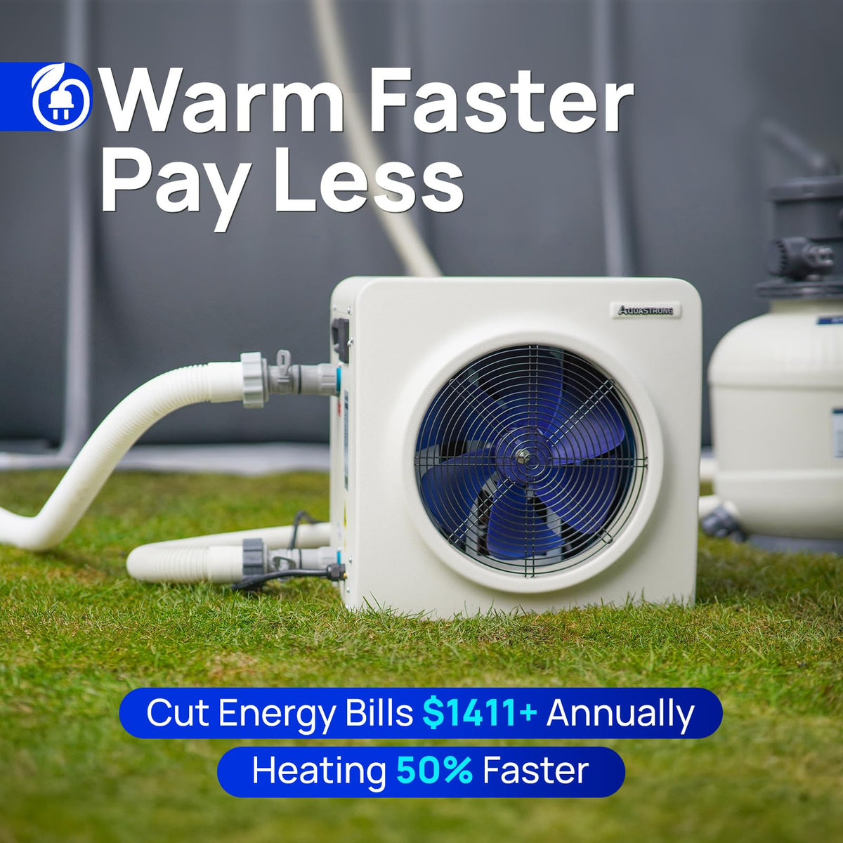 AQUASTRONG hose adapters connected to the heat pump for reliable hookups