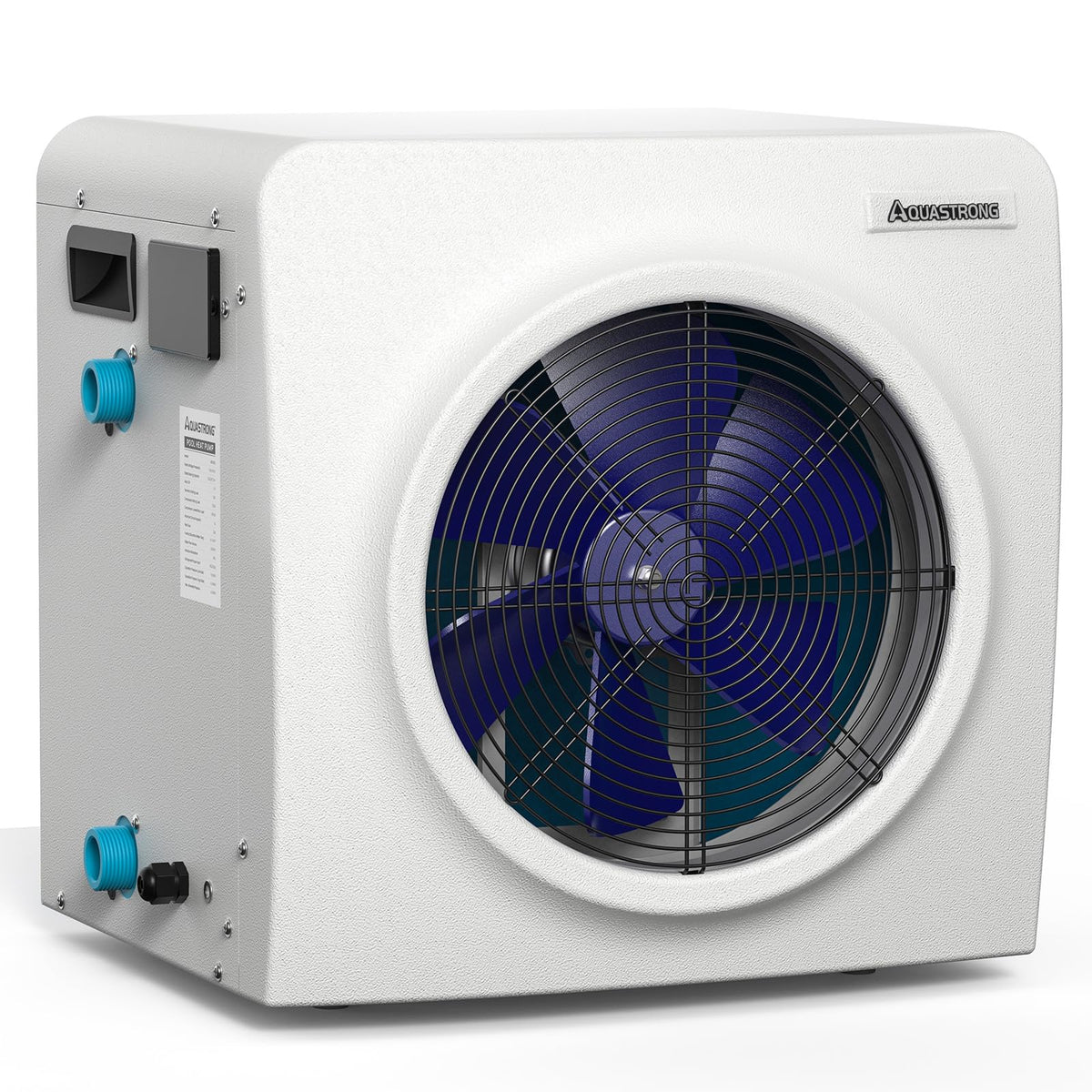 The AQUASTRONG exterior unit shown for quiet backyard heating and cooling