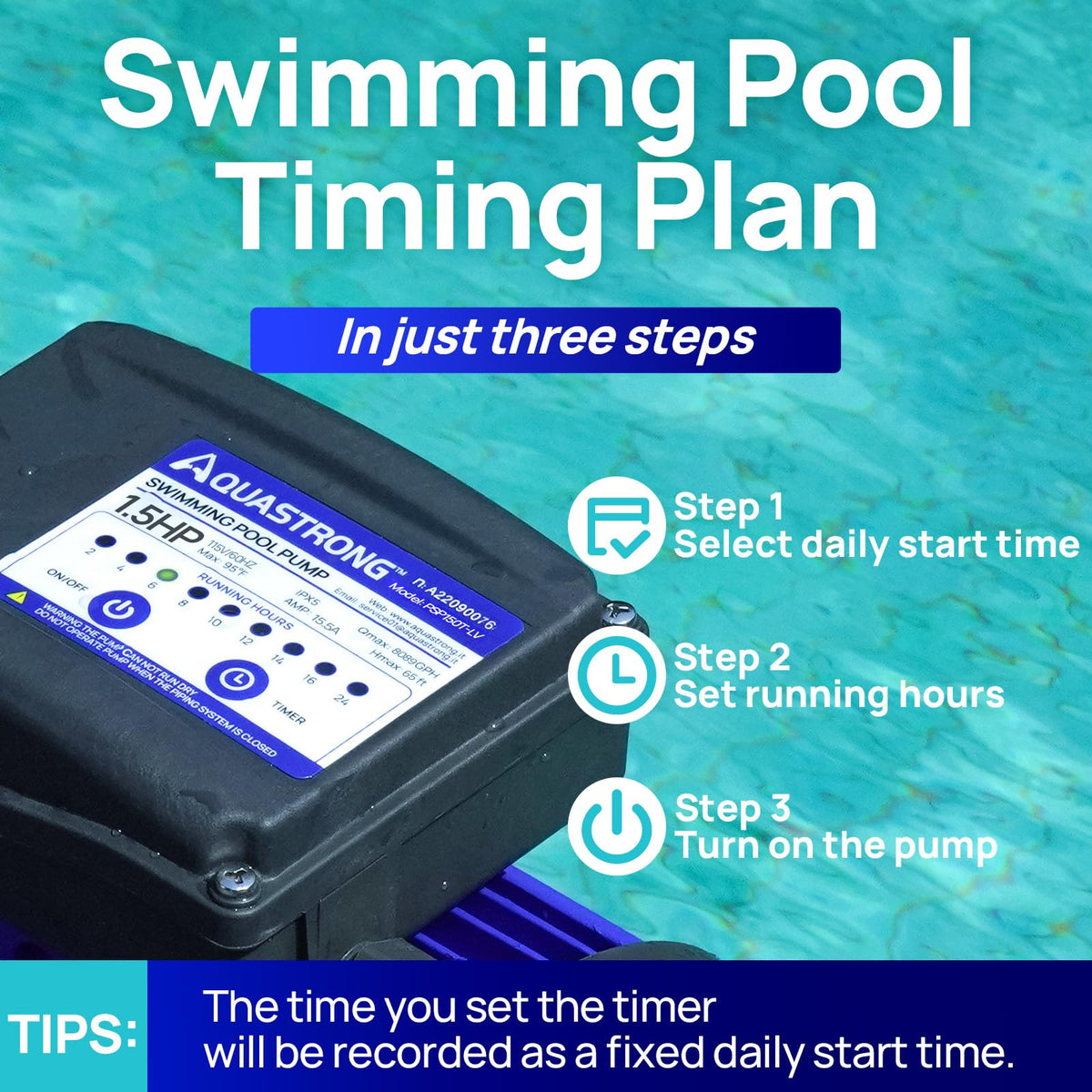 AQUASTRONG pool pump with a 6-foot power cord for flexible placement