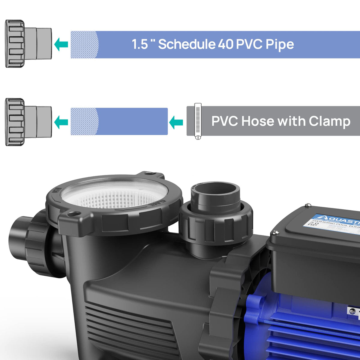 Aquastrong pool pump adapter 1.5 inch PVC pipe installed on piping for secure connection