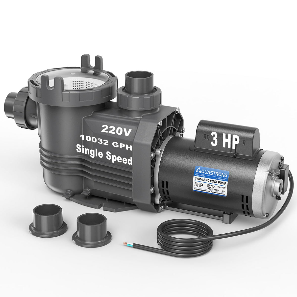 AQUASTRONG pool pump copper motor detail showing strong, efficient water flow.