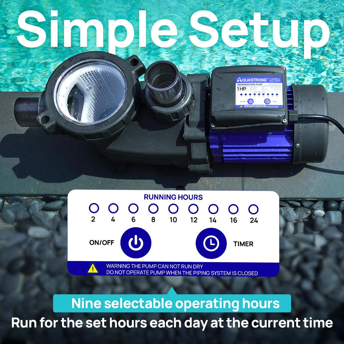 Aquastrong high-flow pump in action delivers strong circulation for larger pools.