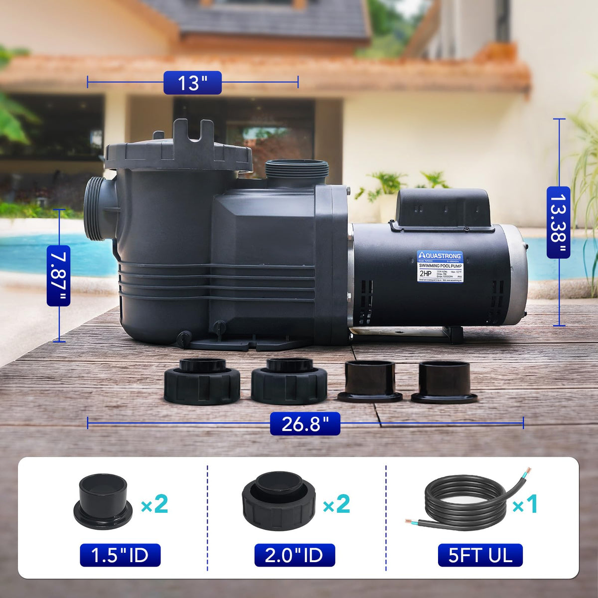 Self-priming AQUASTRONG pump simplifies setup for in-ground and above-ground pools.