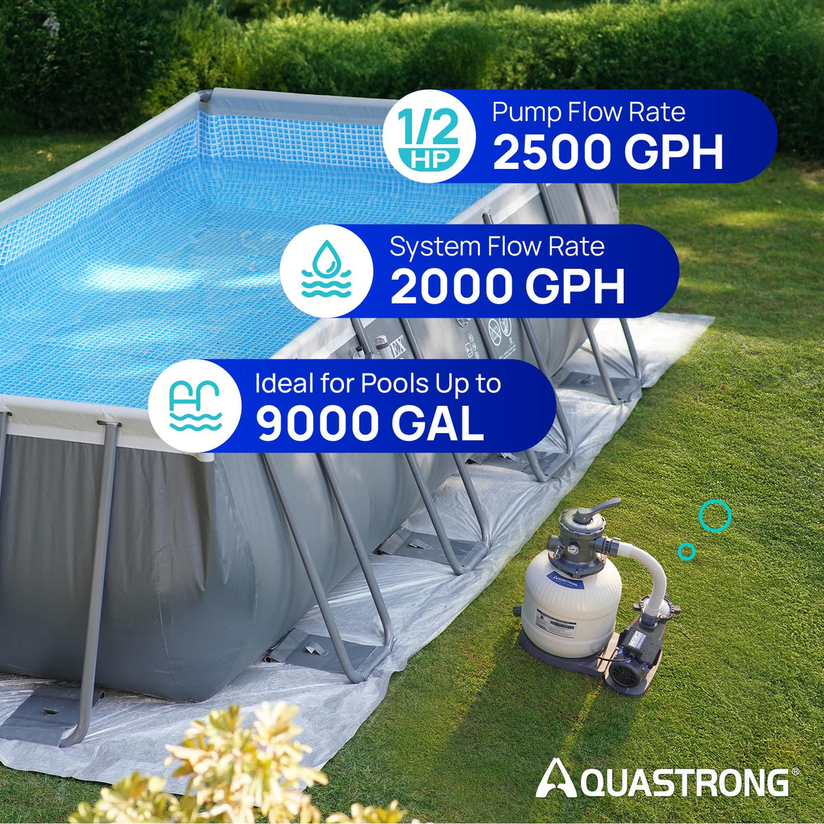 AQUASTRONG pump with hose adapters for easy above-ground pool installation