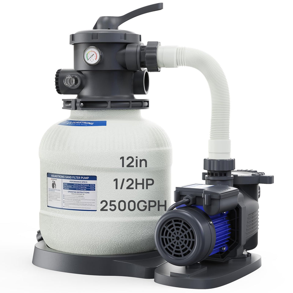 AQUASTRONG sand filter pump, pool side view, strong circulation for up to 9,000 gallons