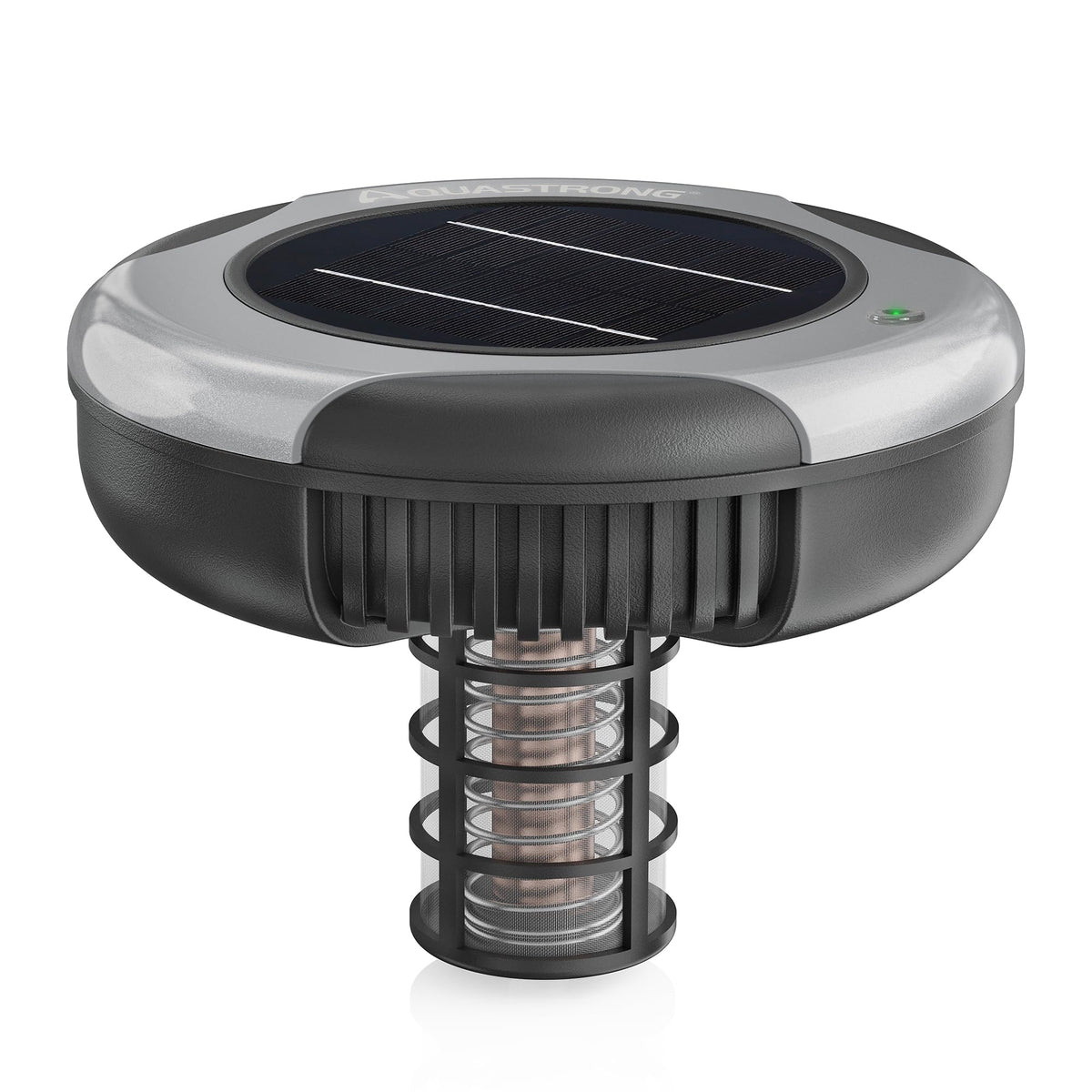 AQUASTRONG solar pool ionizer in pool setup for easy, chlorine-reduced maintenance.