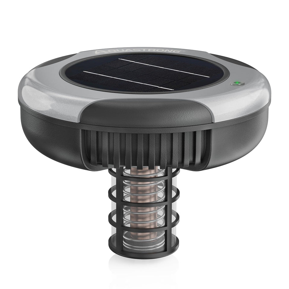 AQUASTRONG solar pool ionizer in pool setup for easy, chlorine-reduced maintenance.