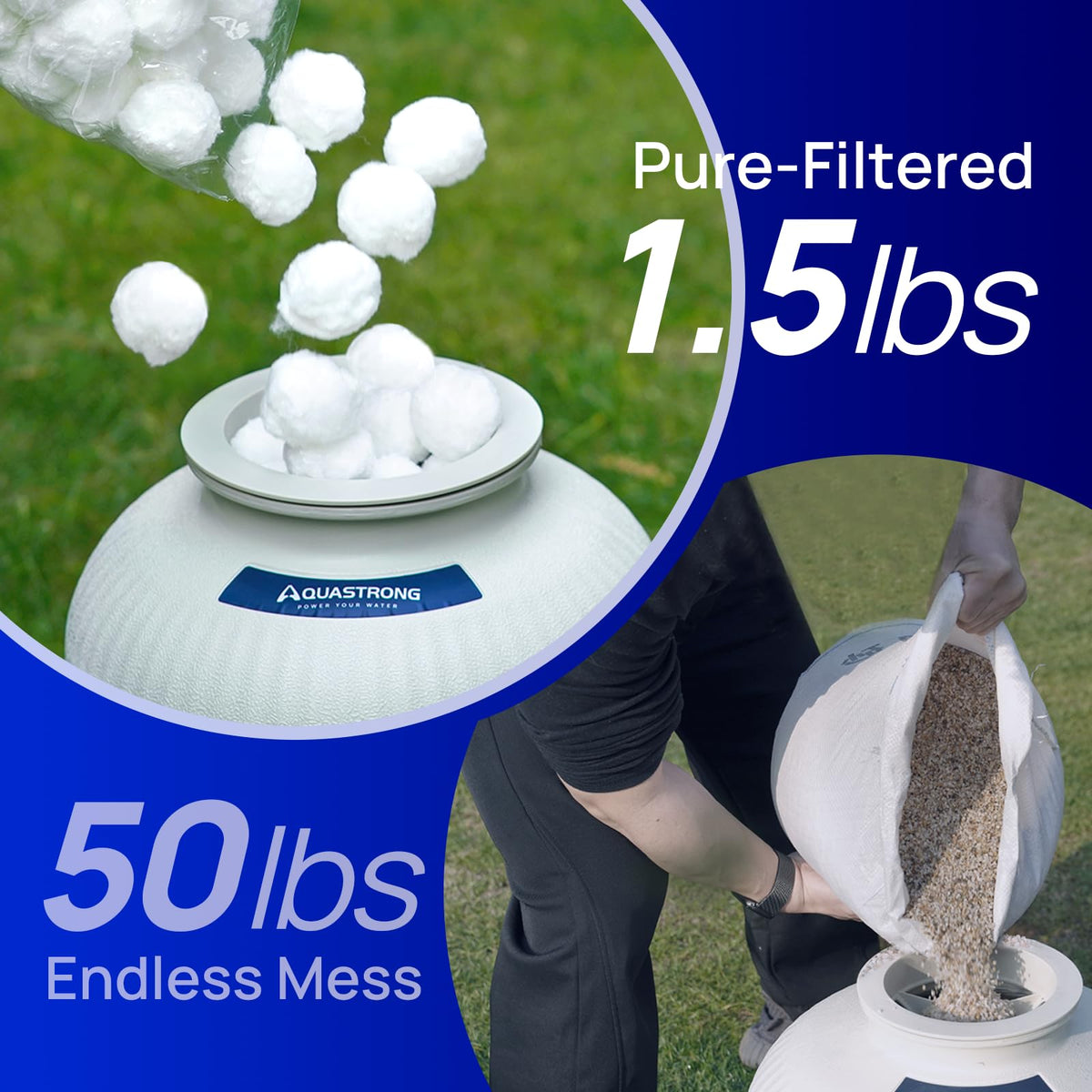 AQUASTRONG filter balls shown with multiple filter types for universal compatibility