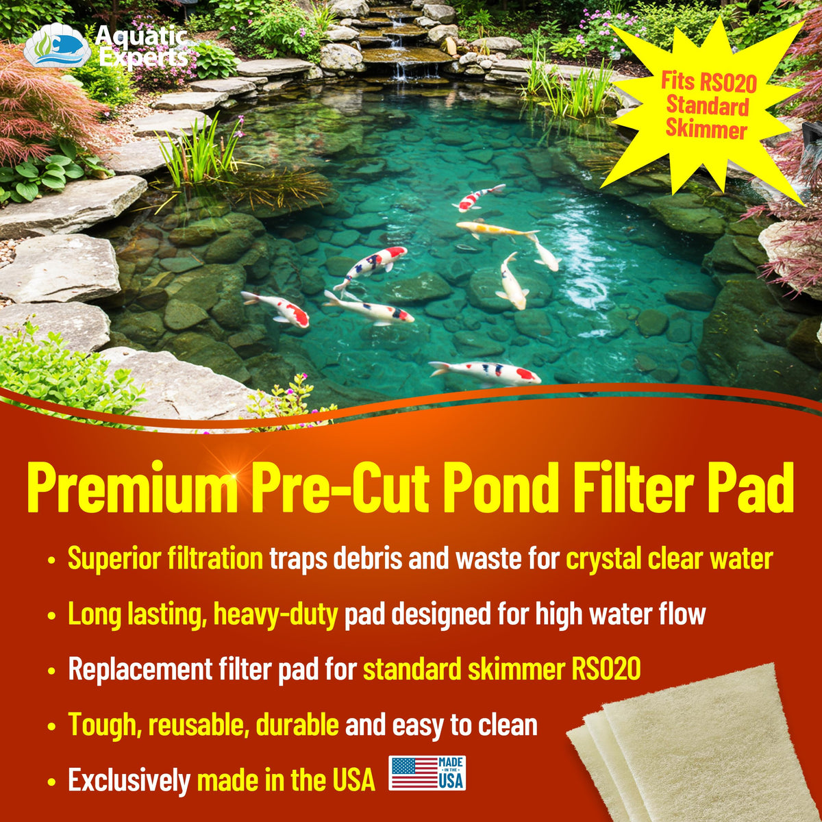 Aquatic Experts beige coarse pond filter pad 1.25 inch thick highlighting durability
