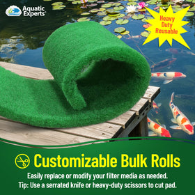 Aquatic Experts bulk-roll media—shown ready for koi pond filtration setup.