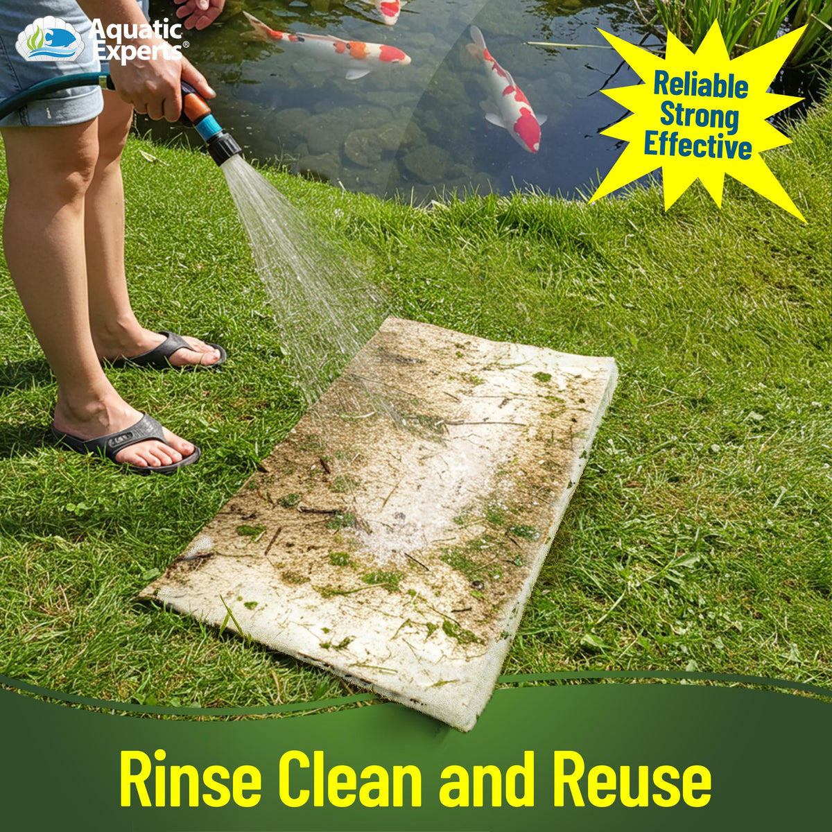 Easy rinse with garden hose and reuse for economical pond care.