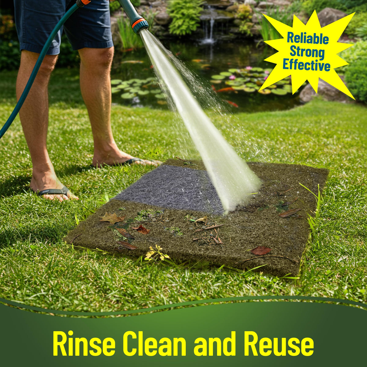 Pads rinsed clean and reused for continued pond filtration efficiency.