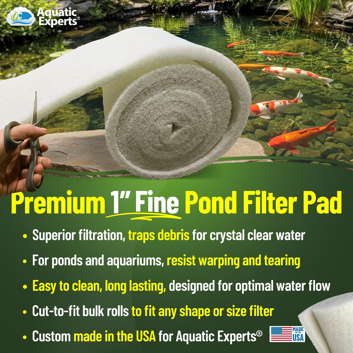 Cut-to-fit white filter pad; USA-made quality for koi ponds.