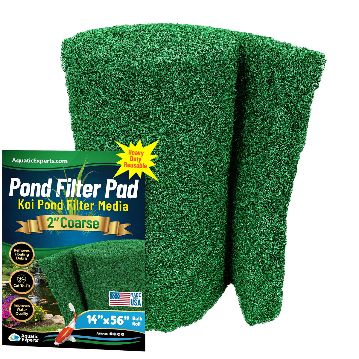 Aquatic Experts Green pond filter pad—2 inch thick for strong water flow.