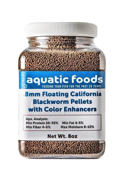 Aquatic Foods Blackworm Pellets 0.8mm floating for vibrant tropical fish.