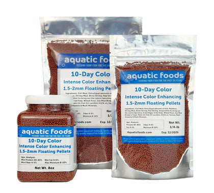 Aquatic Foods Ultra Intense Color Pellets floating for cichlids and discus with vibrant potential.