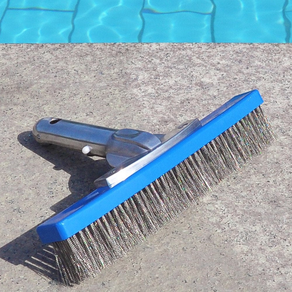 Aquatix Pro concrete and gunite brush removes stains along pool perimeter.
