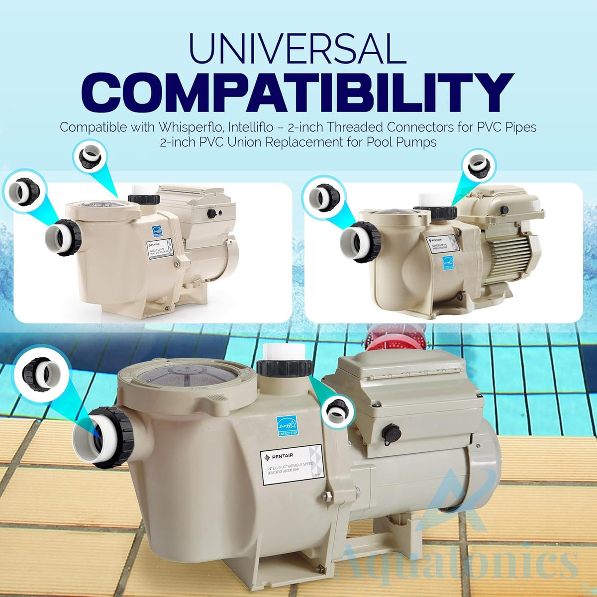 Aquatonics 2in MIP threaded end for standard pool connections.