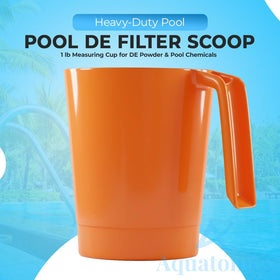 Aquatonics DE filter scoop with EZ Grip handle facilitates clean, controlled pouring.